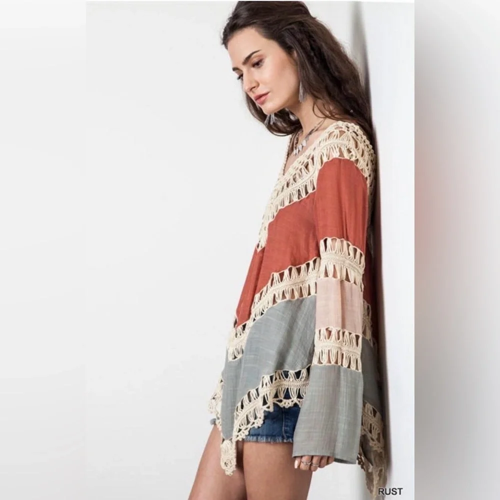 Beautiful Sz S Boho Hippie Crochet Gauzy Striped V-Neck Long Sleeve Top Coverup - Picture 2 of 10
